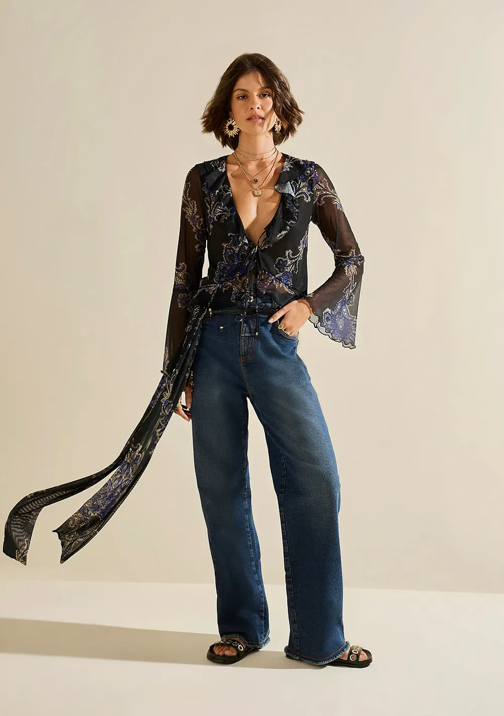 Blusa Morena Rosa Ajustada Decote V Manga Longa Padrão Preto / Azul