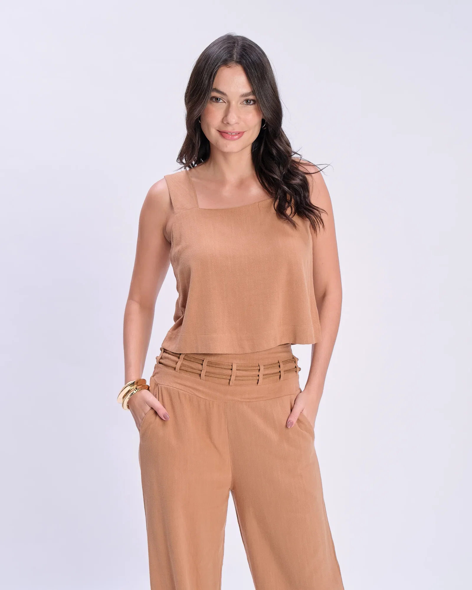 Blusa Alça Larga Decote Reto - Marrom — imagem 1