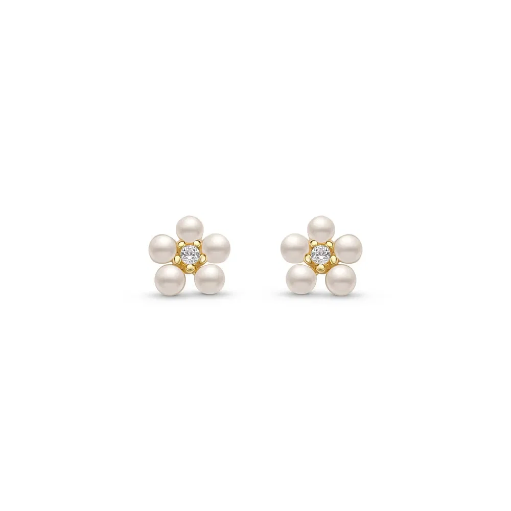 Brinco Baby Flor em Ouro Amarelo 18k com Pérolas e Safira Incolor — imagem 1