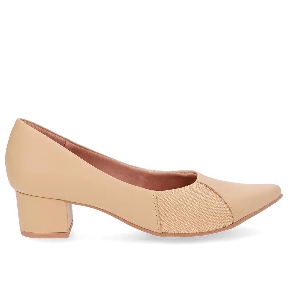 Scarpin Couro Bege Bico Fino Lateral Tecido — imagem 1