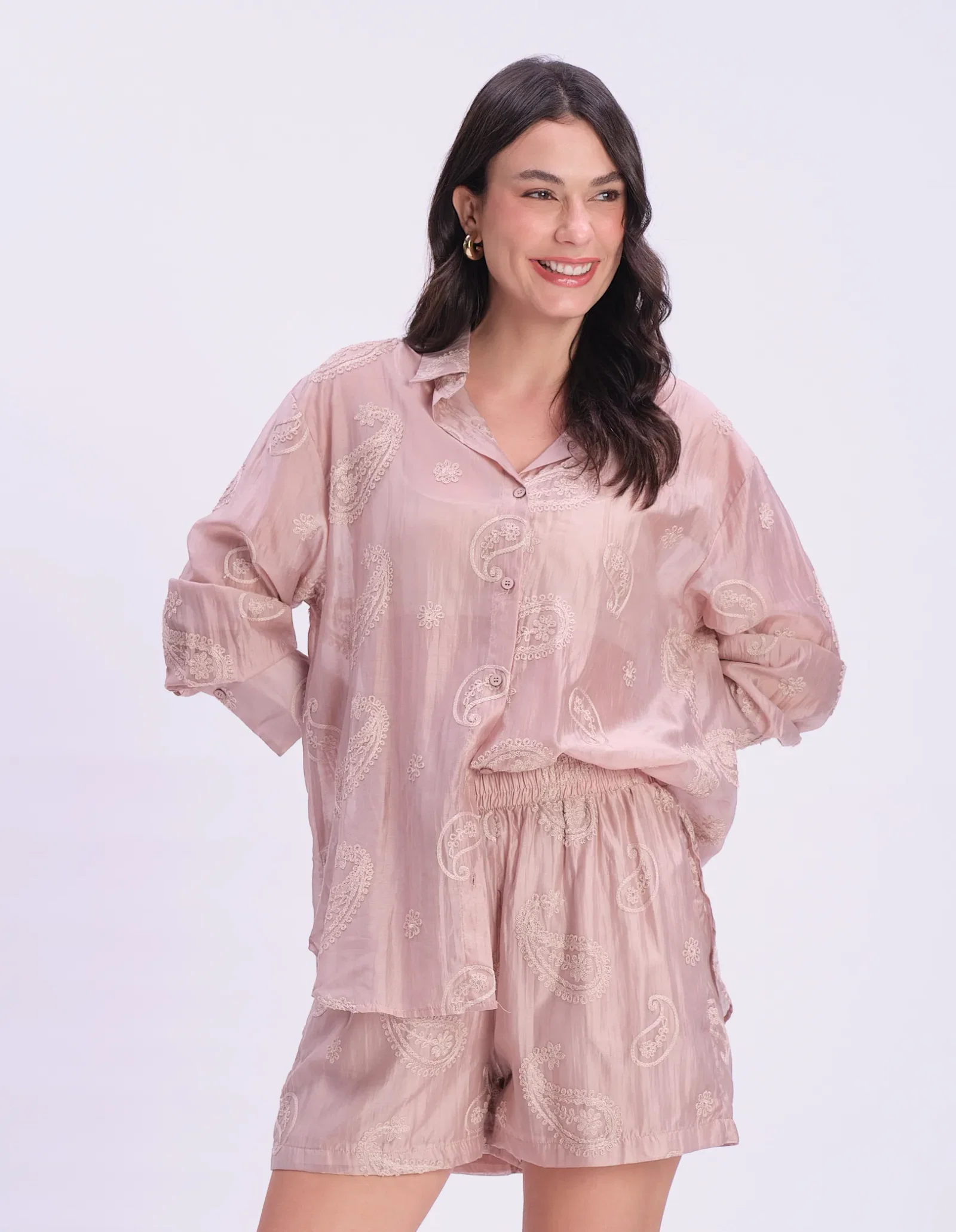 Camisa Manga Longa Liocel Paisley - Caqui — imagem 1