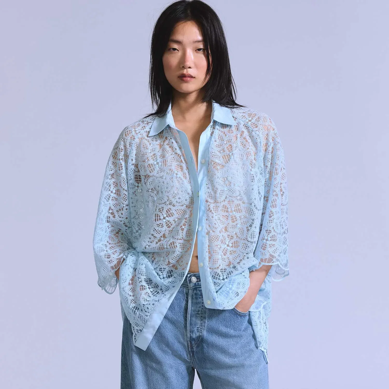 Camisa Levi's® Blue Tab Lace Woven Azul Claro Manga Curta — imagem 1