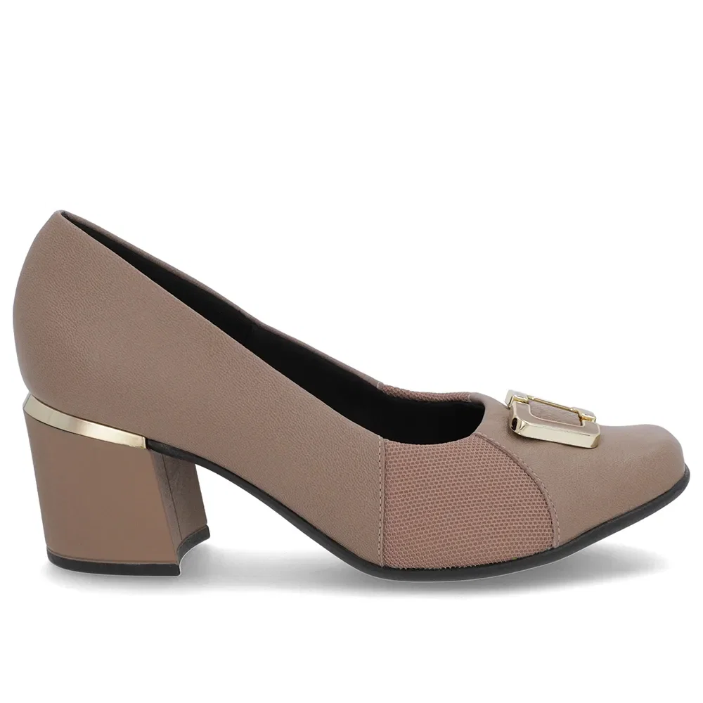 Scarpin Marrom Claro Couro Detalhe Tecido — imagem 1