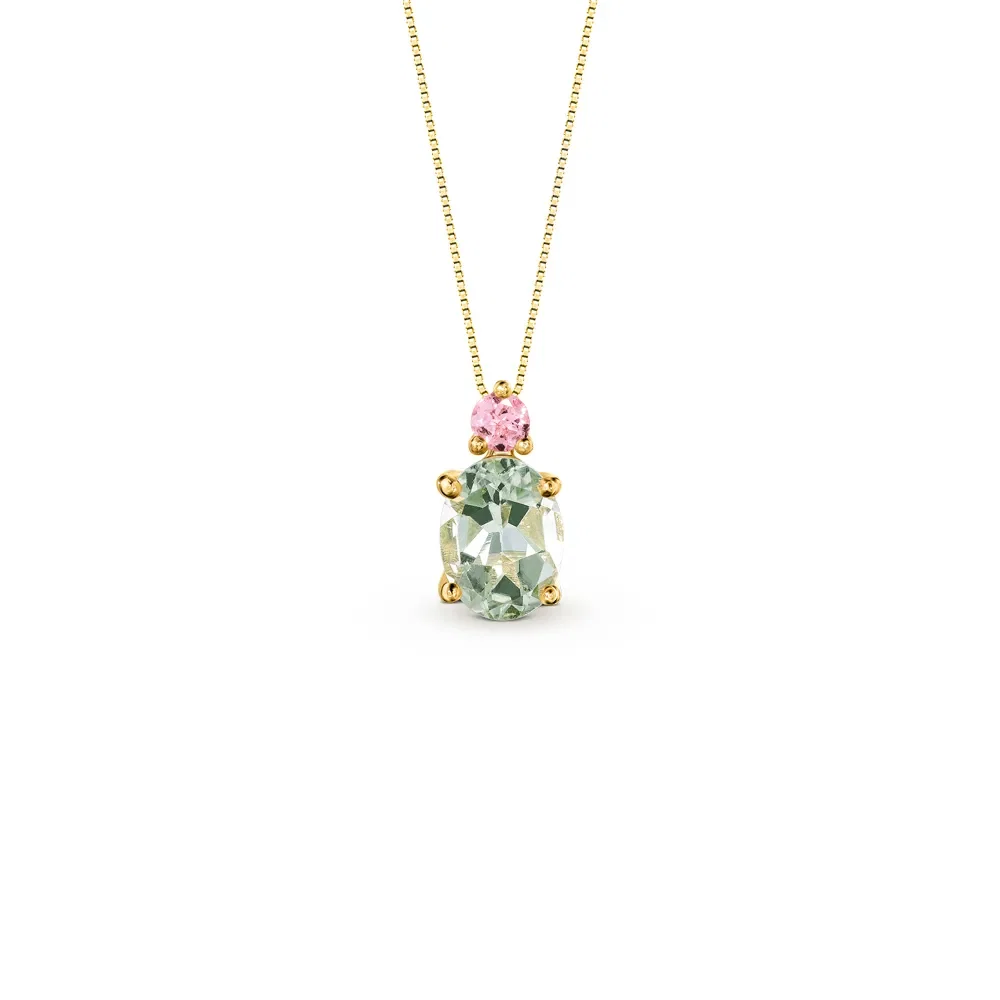 Pingente Pietre em Ouro Amarelo 18k com Prasiolita e Turmalina Rosa, 12mm — imagem 1
