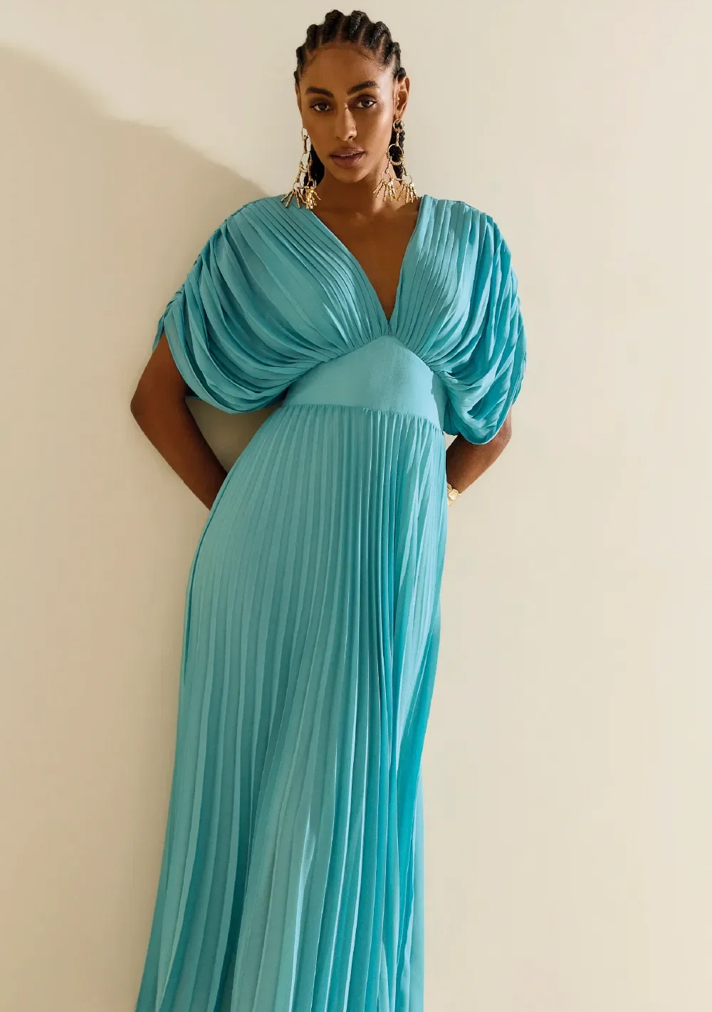 Vestido Morena Rosa Ajustado Decote V Manga Curta Longo Azul Escuro