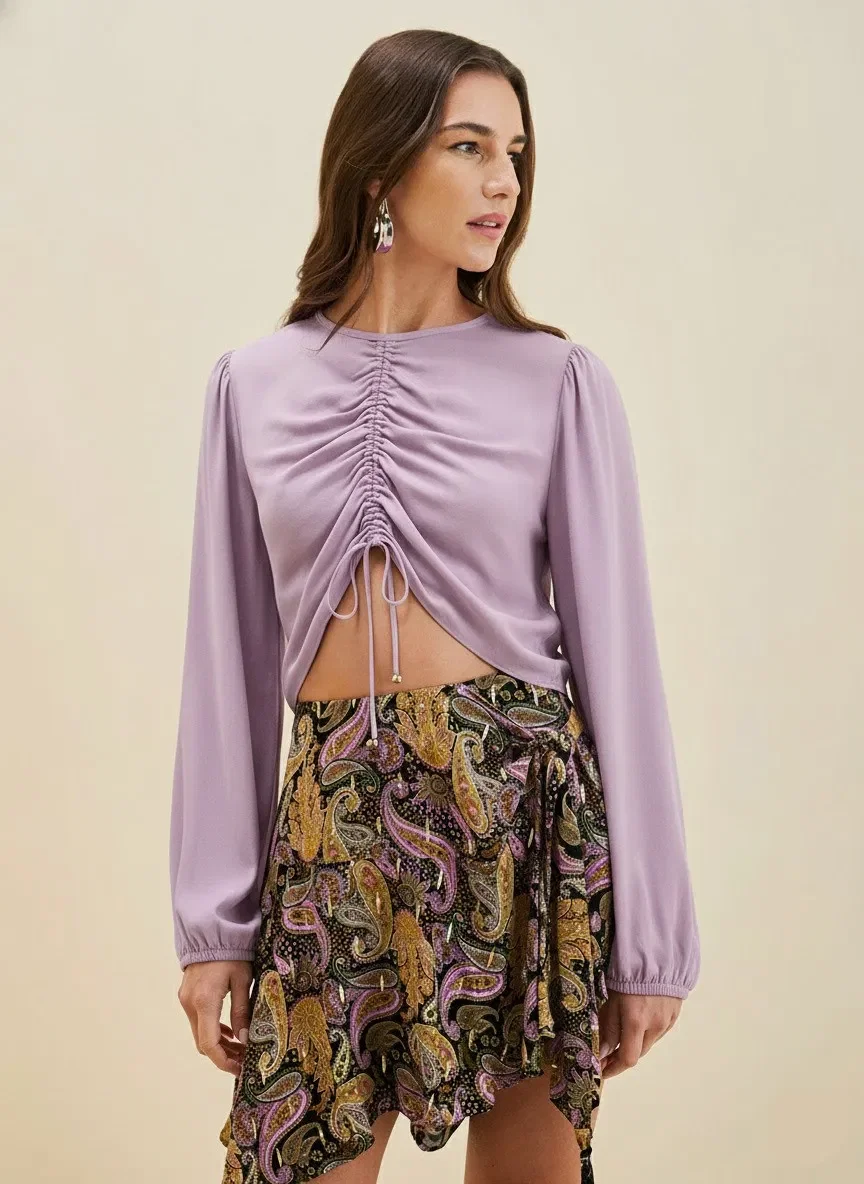 Blusa Morena Rosa Solta Decote Careca Manga Longa Padrão Lilas