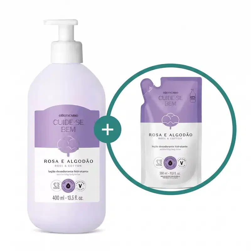 Combo Cuide-se bem Rosa e Algodão: Loção Hidratante Corporal 400ml + Refil 350ml