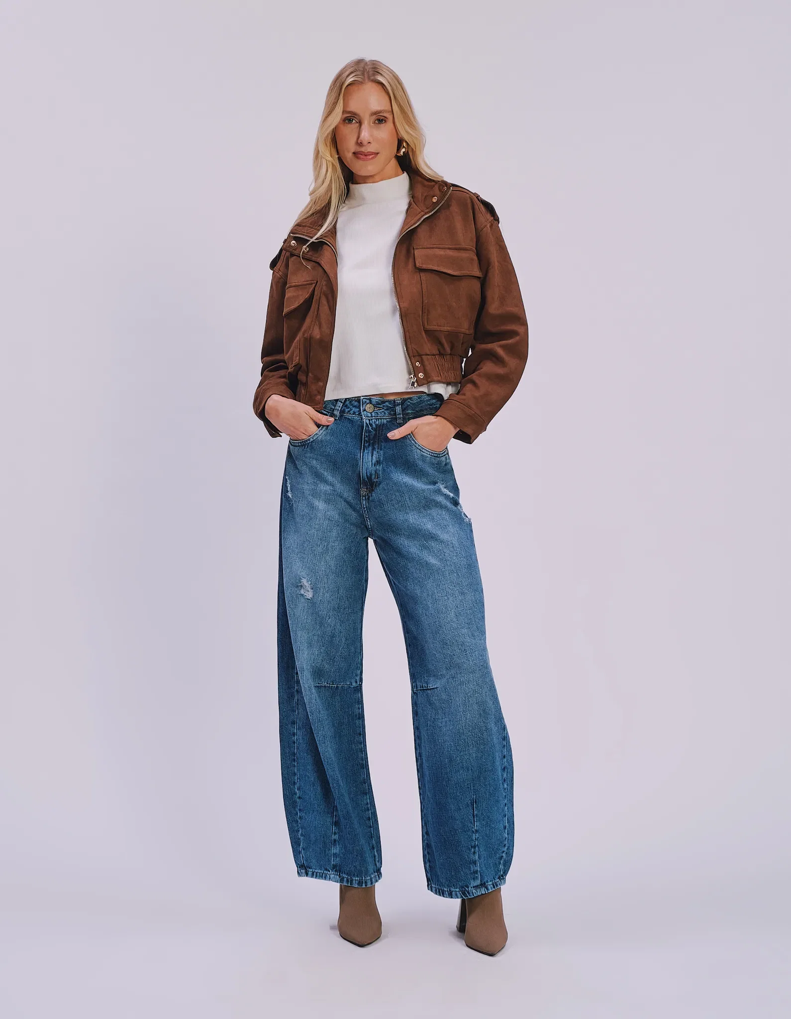 Calça Barrel Destroyed - Denim Medio