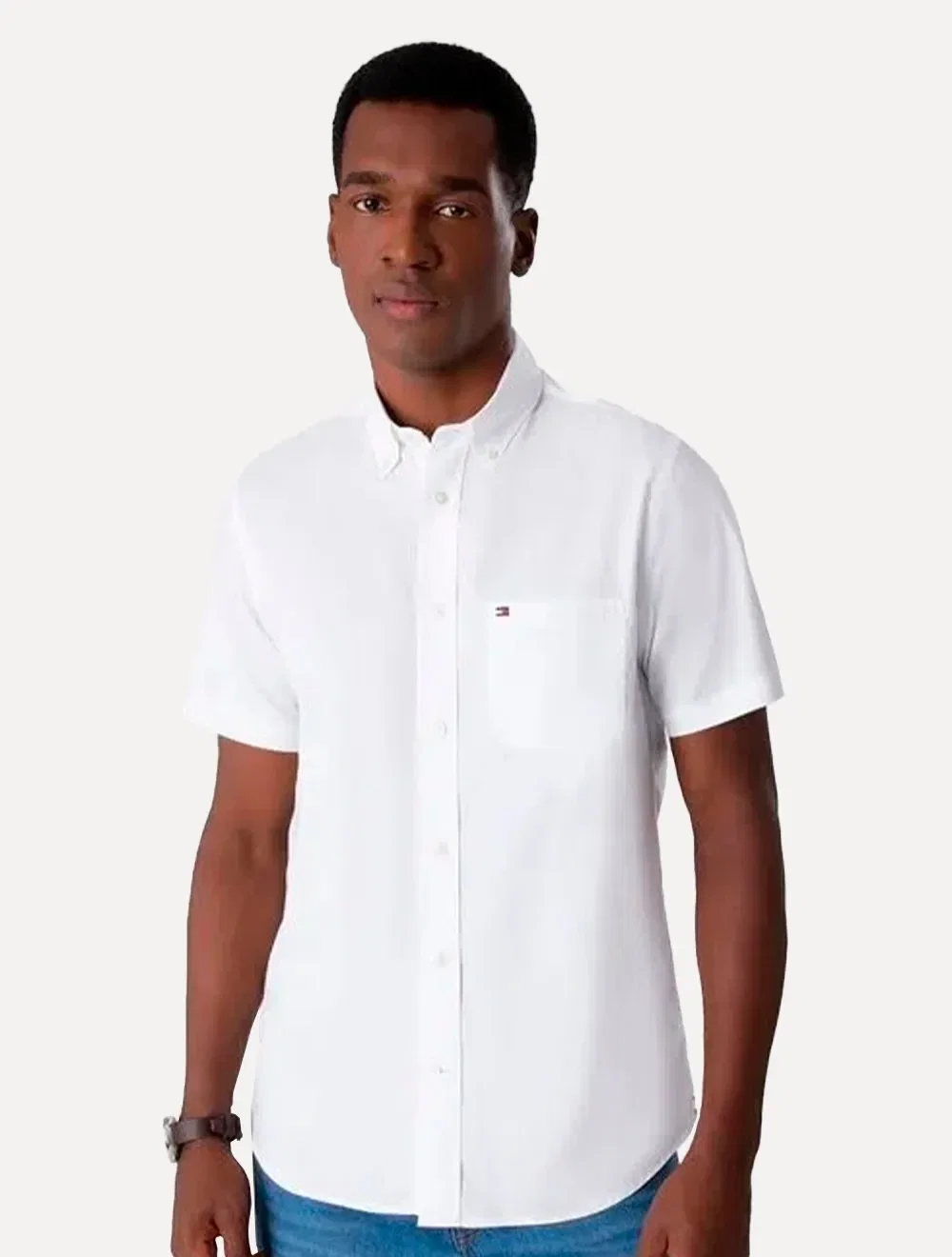 Camisa Tommy Hilfiger Masculina Manga Curta Pocket Light Oxford Branca