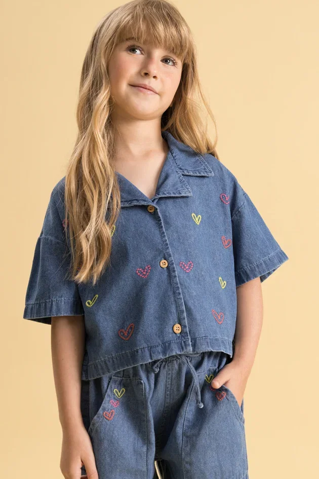 Camisa Infantil em Jeans Leve de Algodão com Bordado — imagem 1