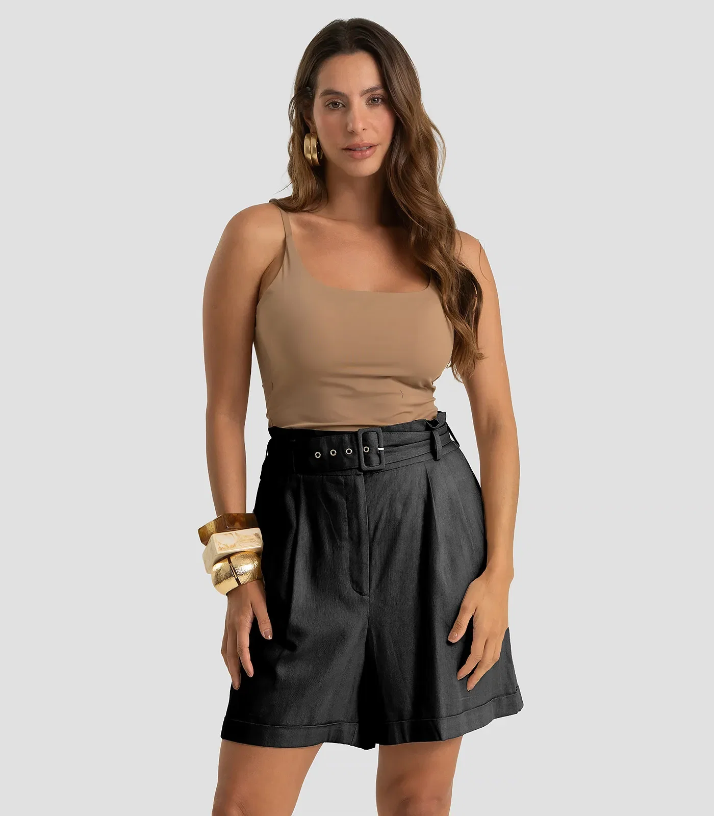 Shorts Feminino Com Cinto Viscolinho Dianna Preto — imagem 1