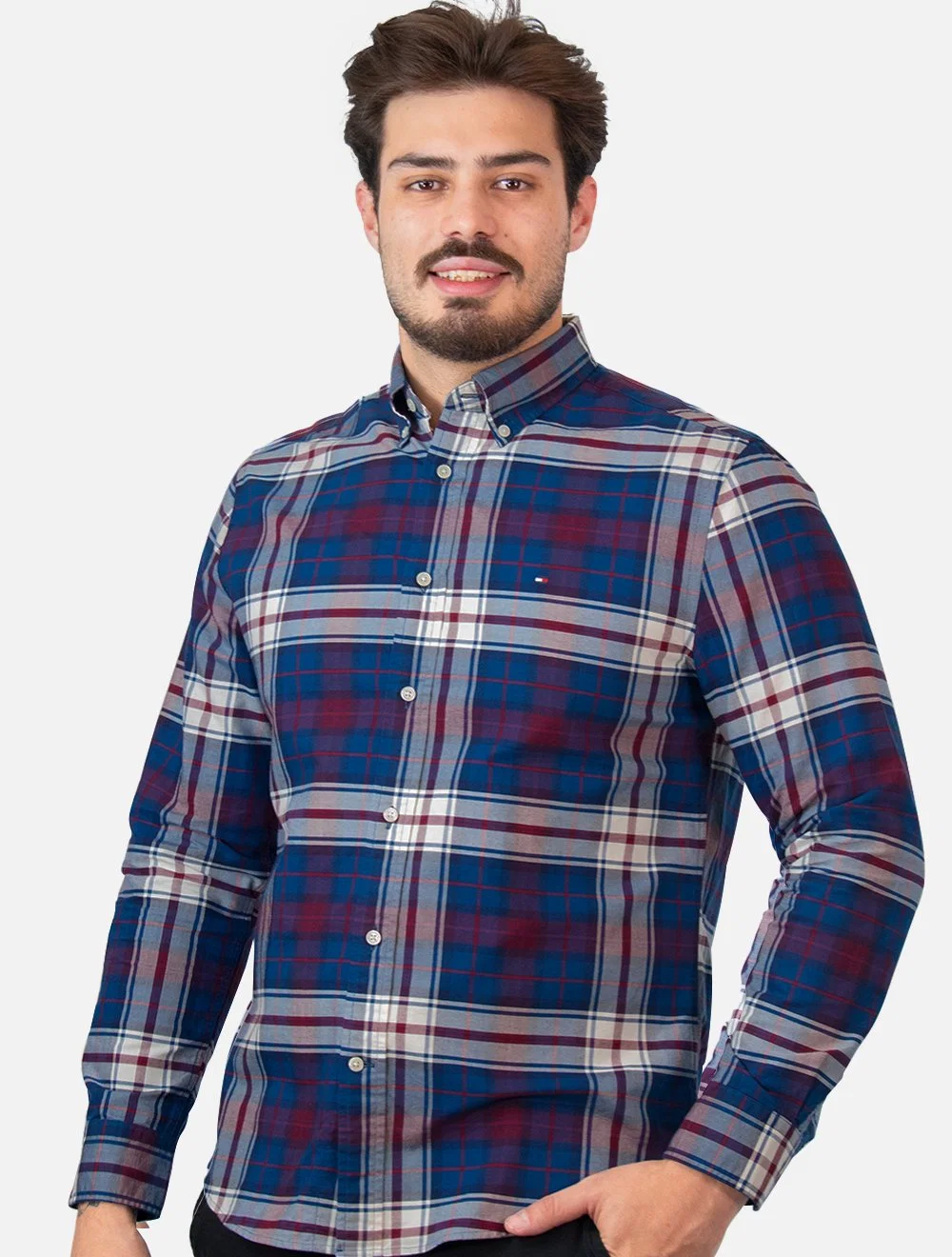 Camisa Tommy Hilfiger Masculina Regular Oxford Xadrez Tartan Azul — imagem 1