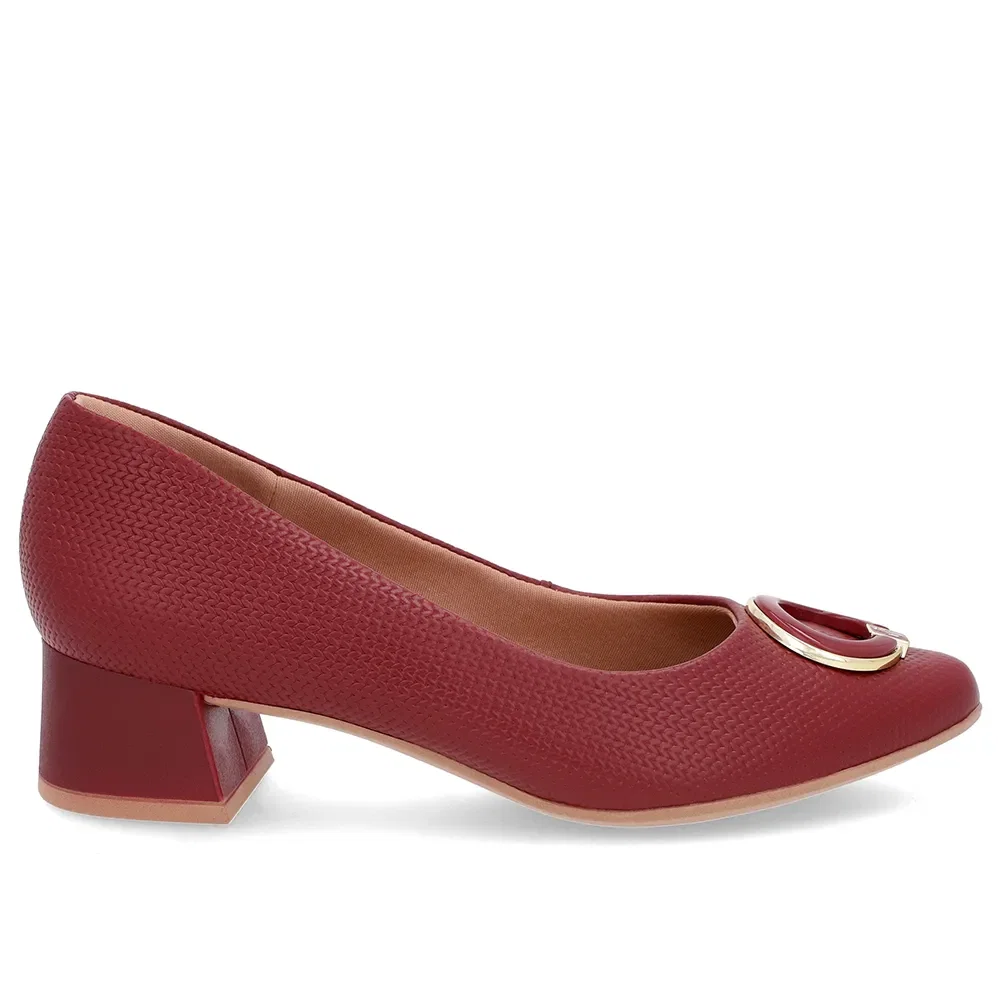 Scarpin Vermelho Salto Bloco Baixo Couro Enfeite