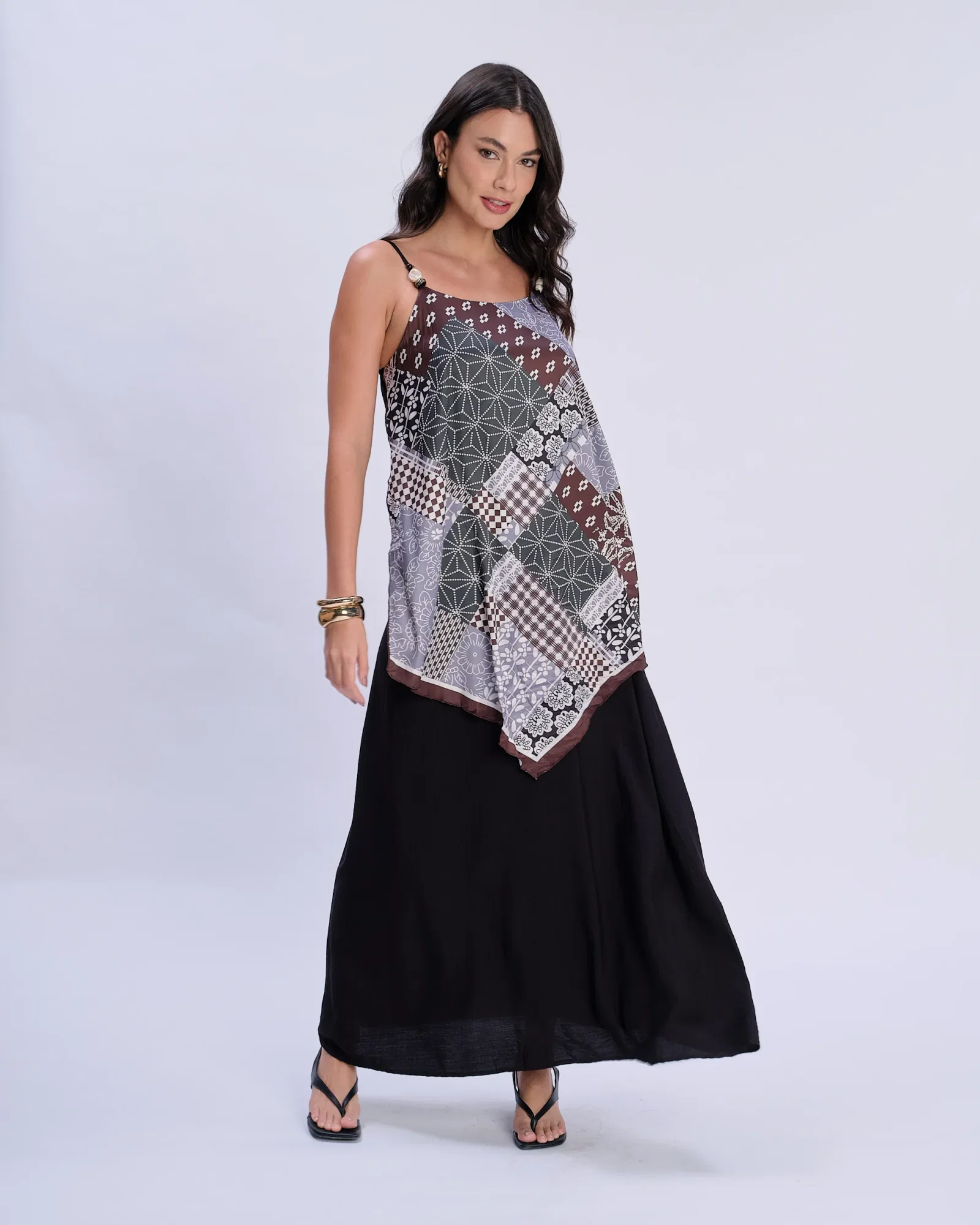 Vestido Longo Detalhe Lenço Sobreposto - Preto — imagem 1