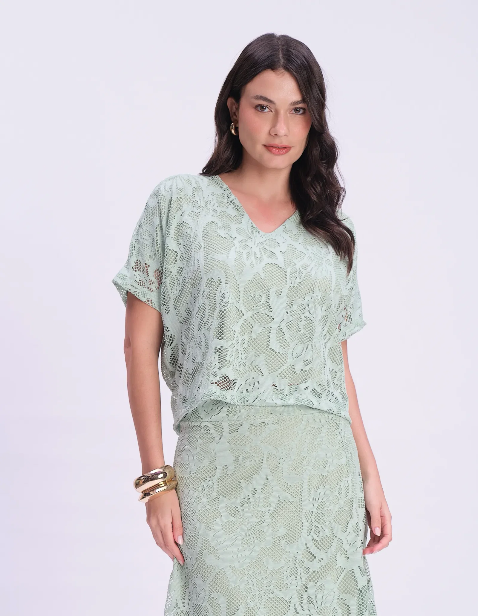 Blusa Manga Curta Renda Flores - Verde — imagem 1