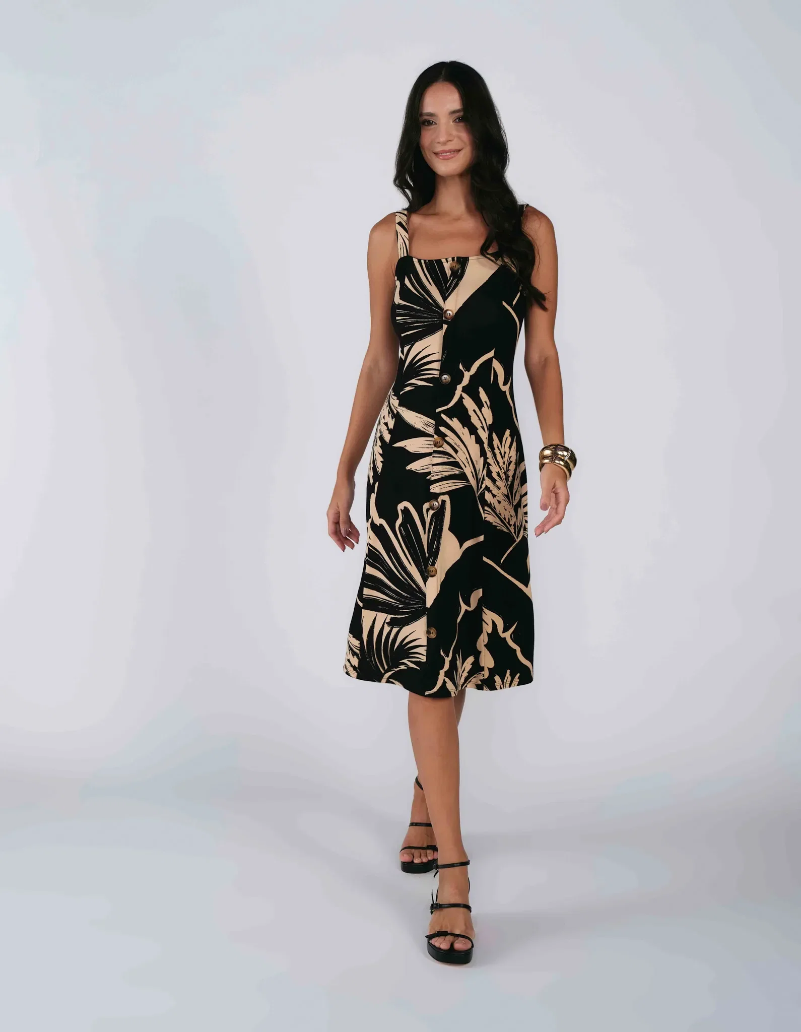 Vestido Midi Estampado Folhagem Dupla - Areia