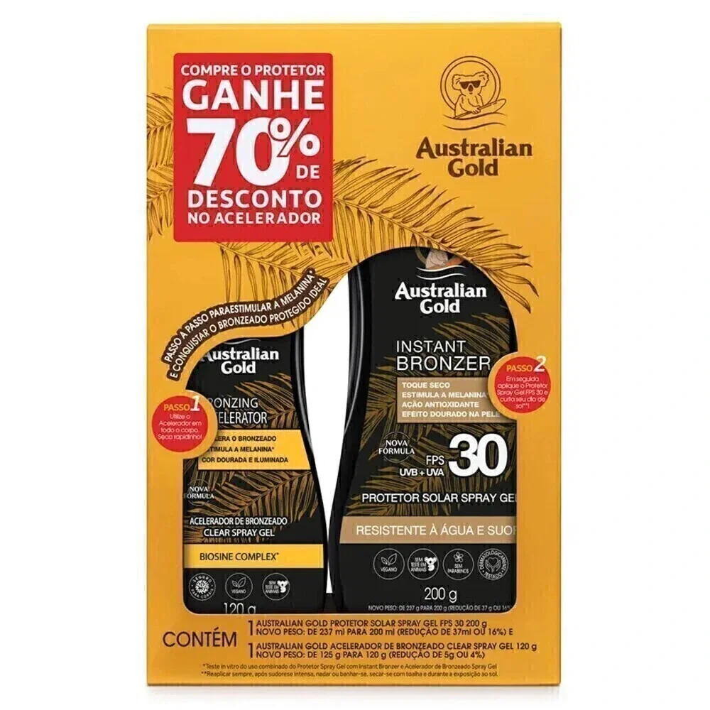 Kit Australian Gold Protetor Solar Spray Gel FPS 30 200g + Acelerador de Bronzeado 120g
