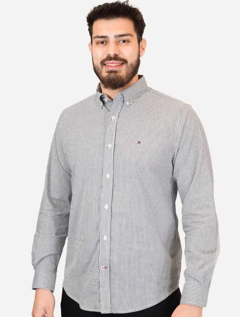Camisa Tommy Hilfiger Masculina Regular Striped Poplin Preta — imagem 1
