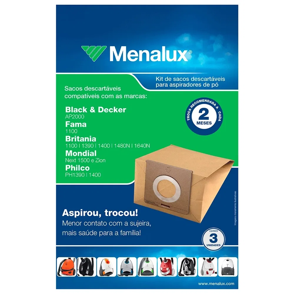 Kit com 3 Sacos Descartáveis Menalux para Aspirador de Pó (SIM01) — imagem 1