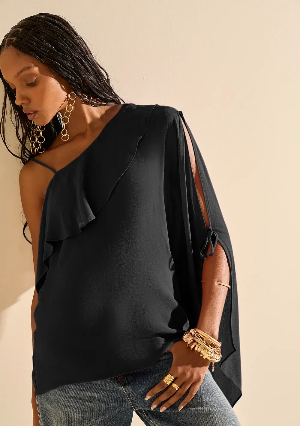 Blusa Morena Rosa Solta Decote Careca Manga Longa Alongada Preto — imagem 1