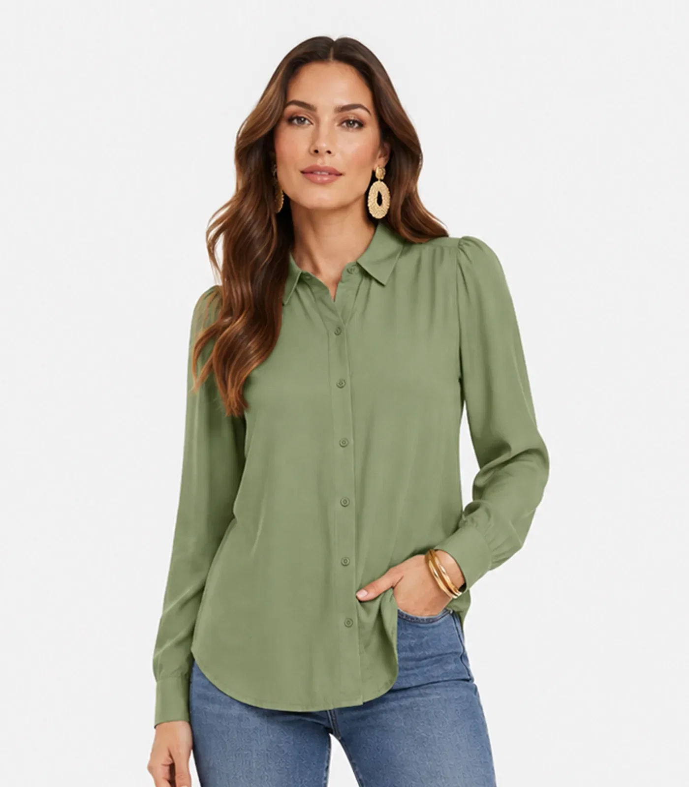 Camisa Feminina Manga Longa Em Viscose Aishty Verde