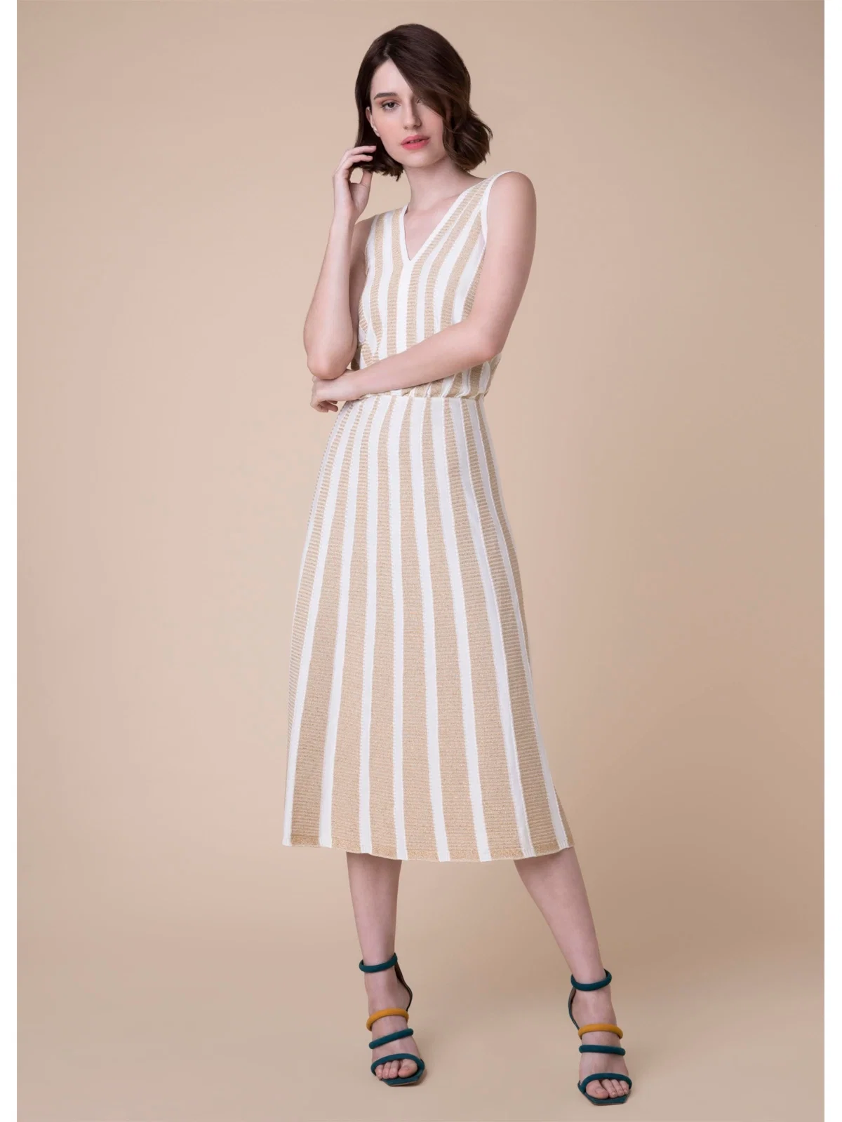 Vestido Midi Listrado Ouro