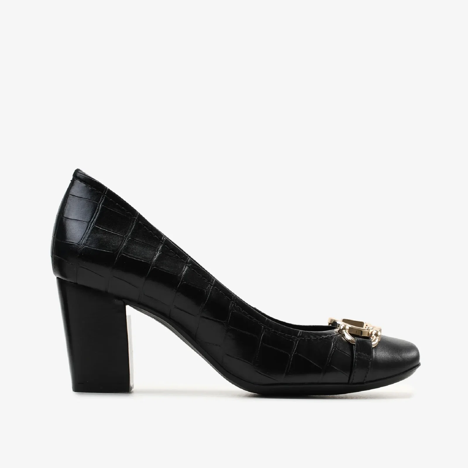 Scarpin Salto Bloco Preto Couro Croco