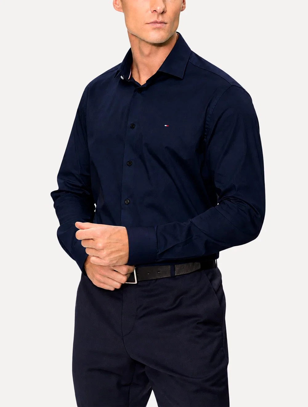 Camisa Tommy Hilfiger Masculina Slim Solid Contrast Azul Marinho — imagem 1