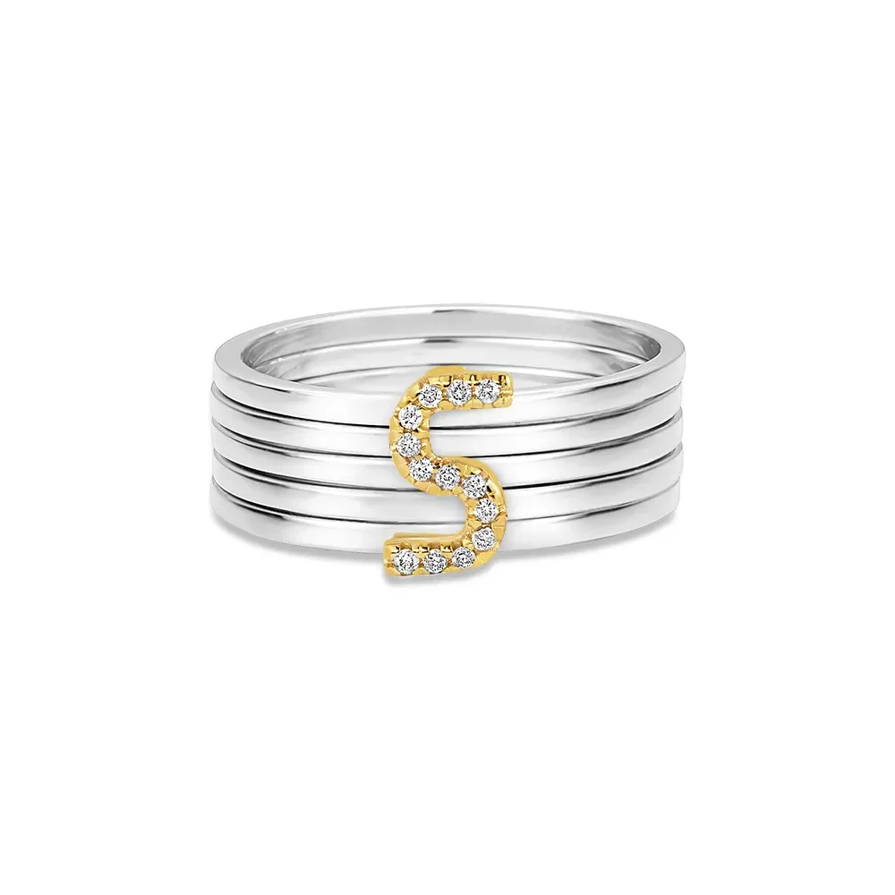 Anel Letra S em Prata 925 e Ouro Amarelo 18k com Diamantes — imagem 1