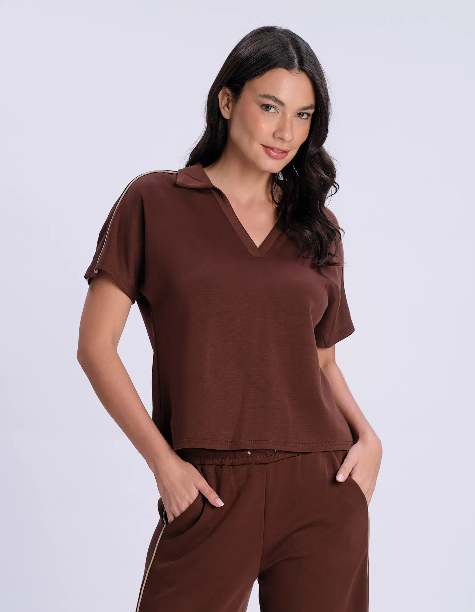 Blusa Manga Curta Decote v - Cafe