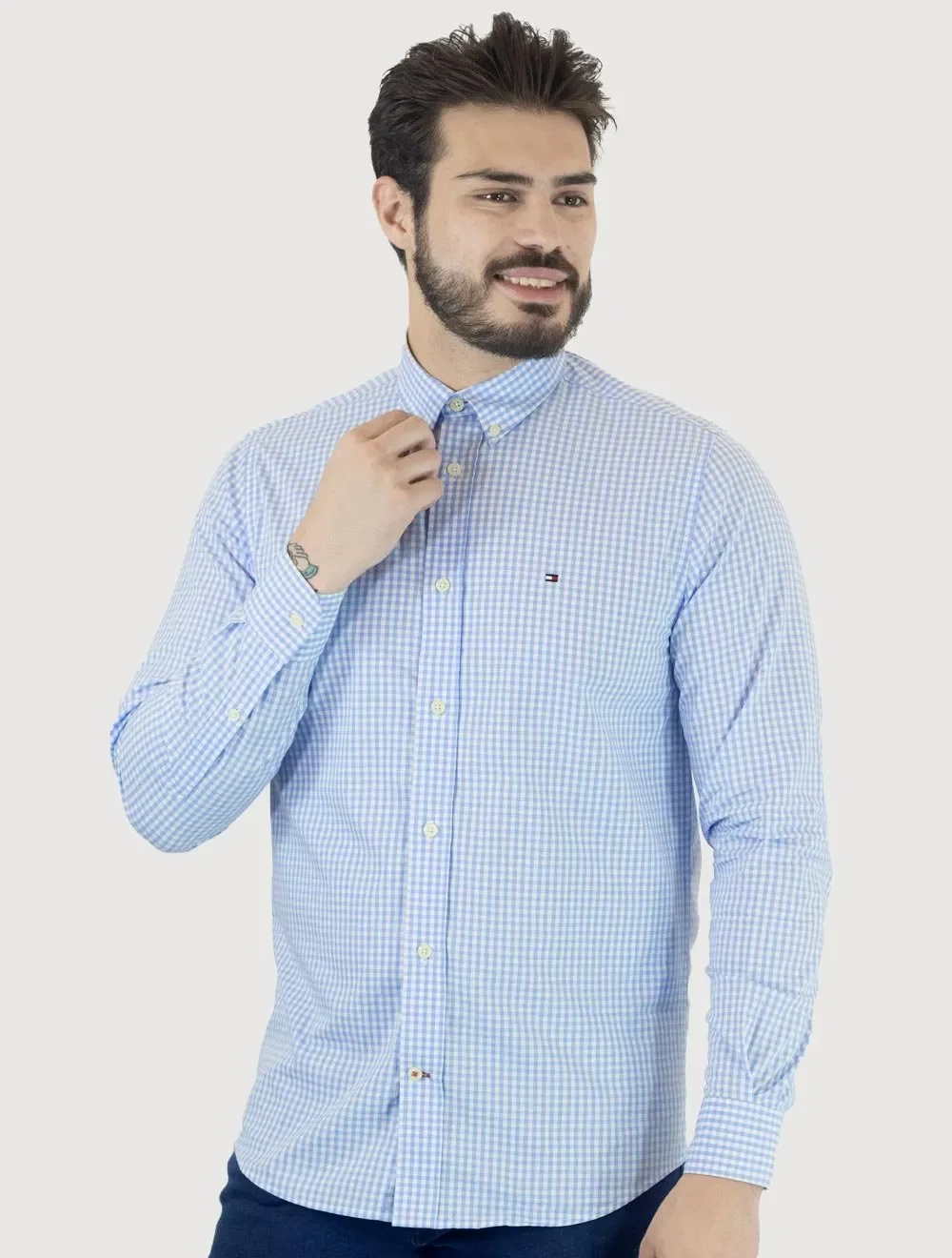 Camisa Tommy Hilfiger Masculina Xadrez Gingham Branca / Azul — imagem 1