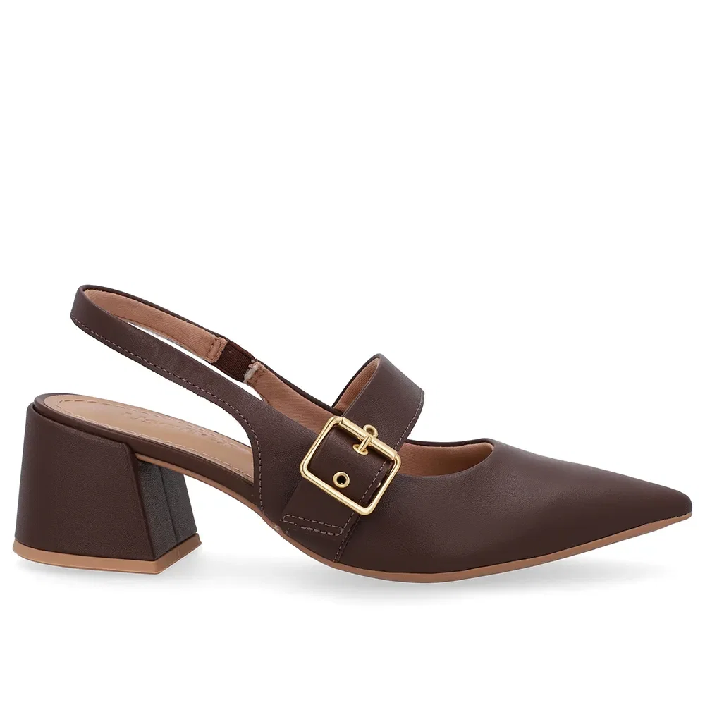 Slingback Marrom Salto Bloco Couro Detalhe Fivela — imagem 1