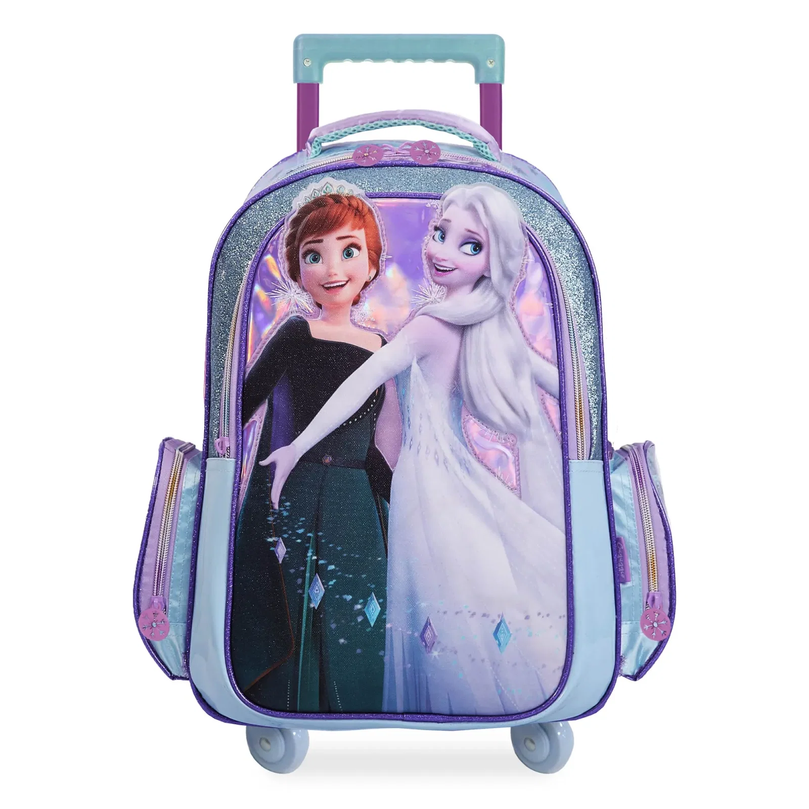 Mochila Escolar Feminina Mochila de 4 Rodas Disney Frozen II com Rodinha Azul Clara