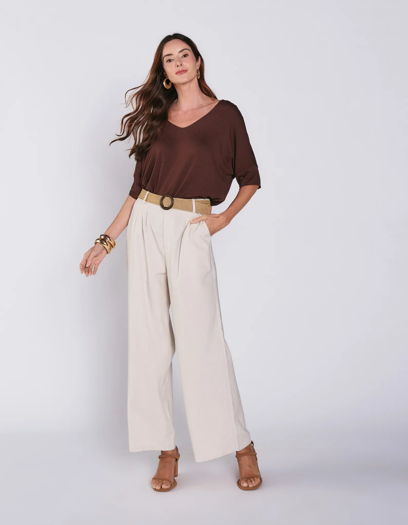Calça Pantalona Com Cinto Palha - Areia