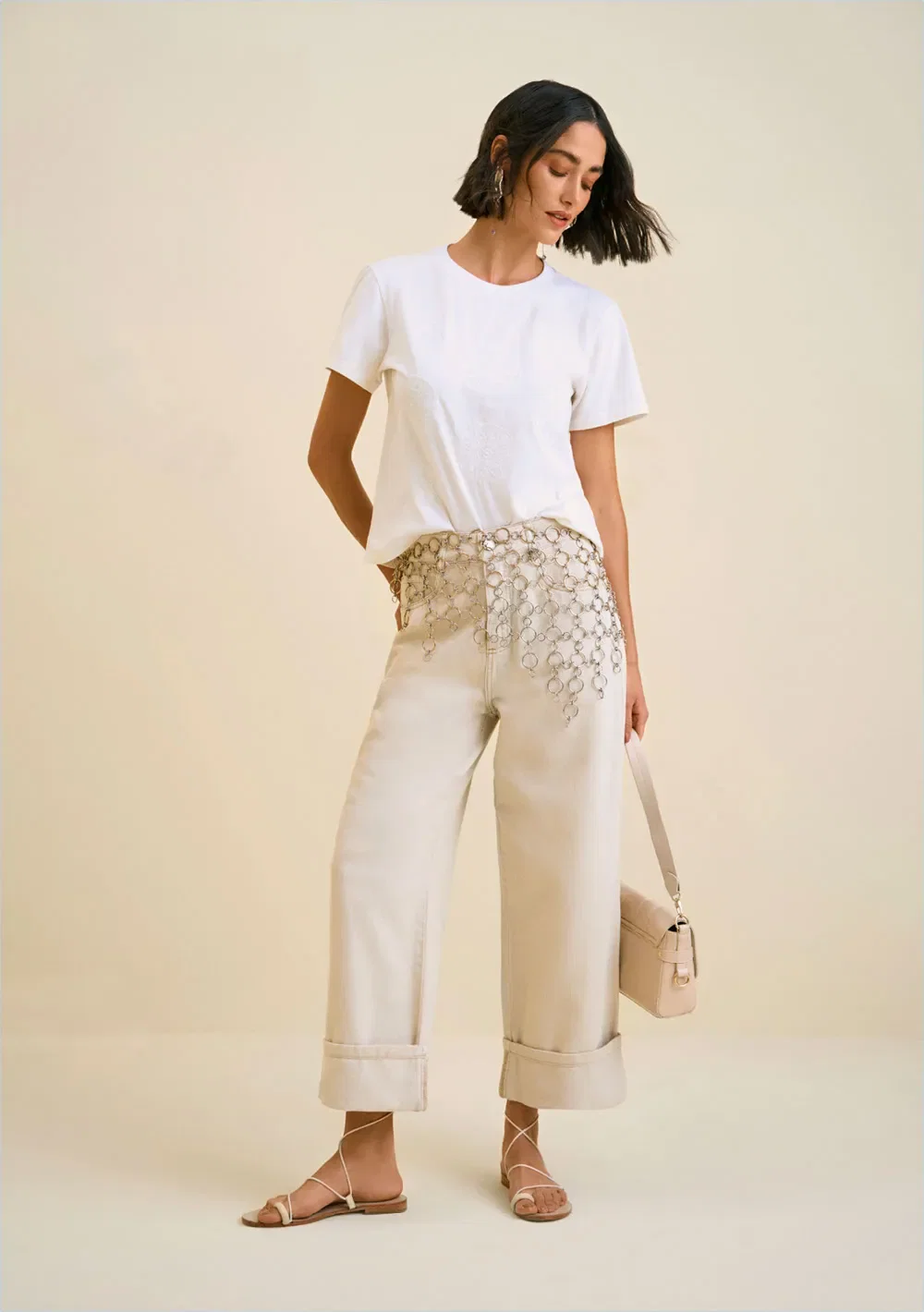 Calça Morena Rosa Wide Leg Thaila Cós Alto Barra Dobrada Bege Claro — imagem 1