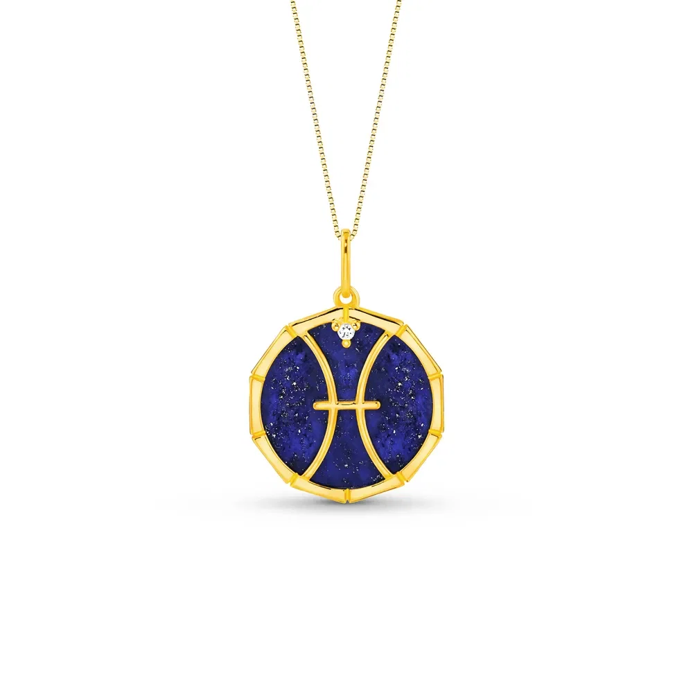 Pingente ZodíAço Peixes em Ouro Amarelo 18k com Lápis Lazuli e Safira Incolor, 17mm