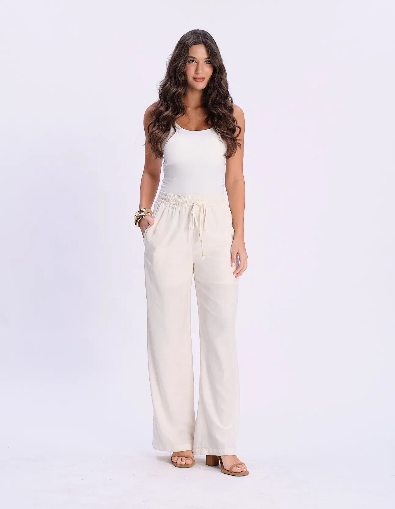 Calça Pantalona Cós Elástico Com Bolsos - Off White