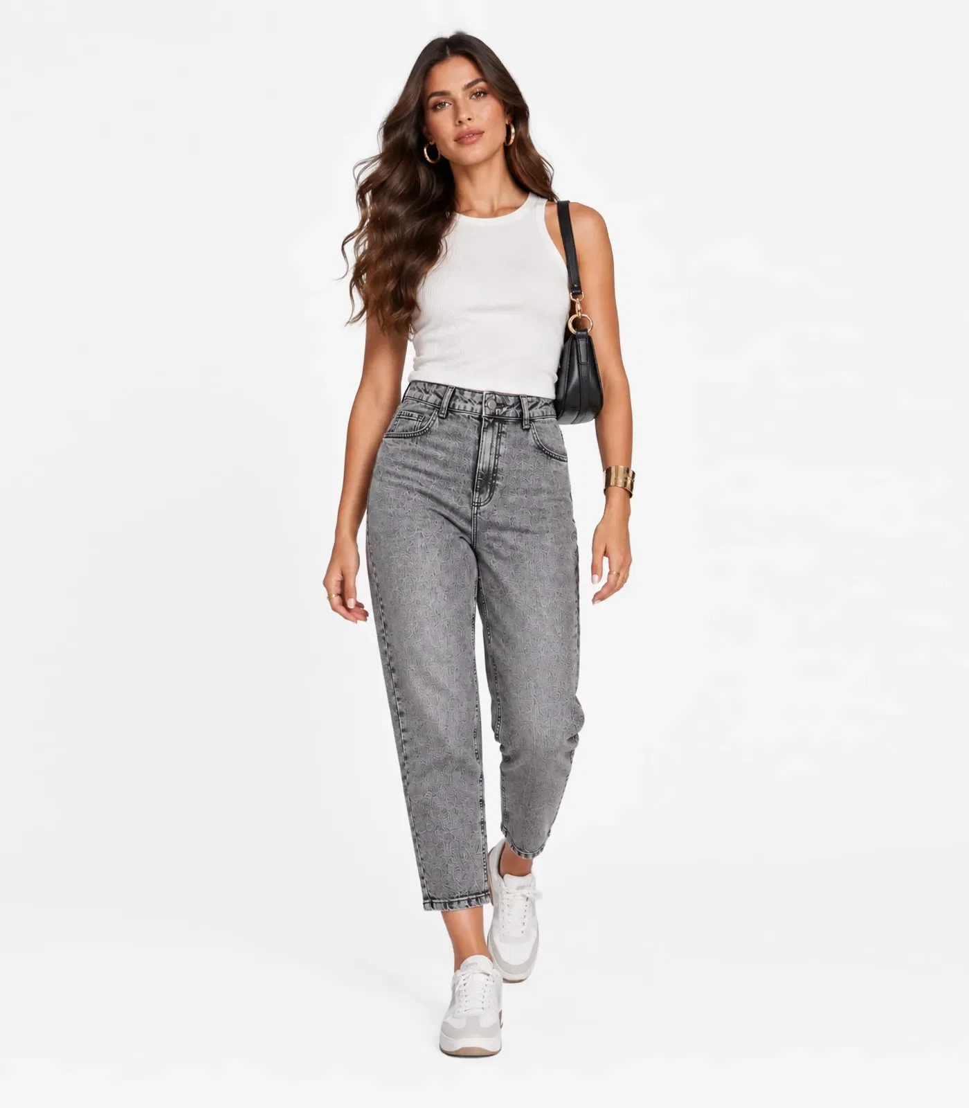 Calça Jeans Feminina Mom Rovitex Cinza