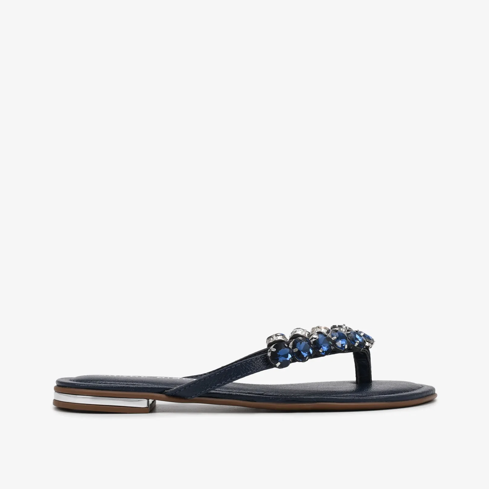 Chinelo Flat Pedrarias Azul Marinho Couro