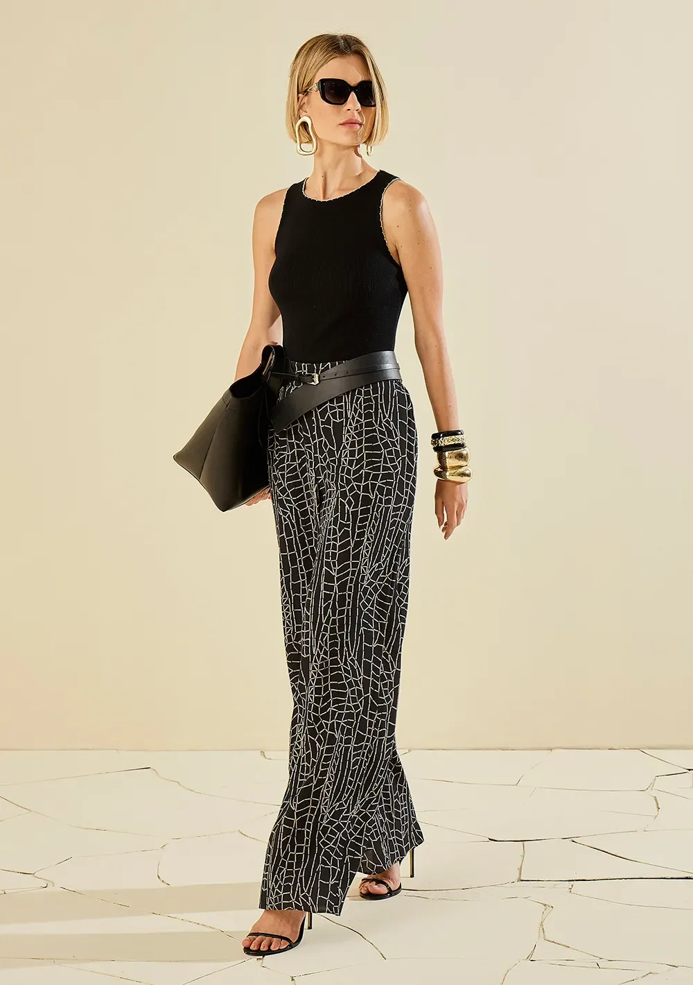 Calça Morena Rosa Pantalona Alta Preto / Branco