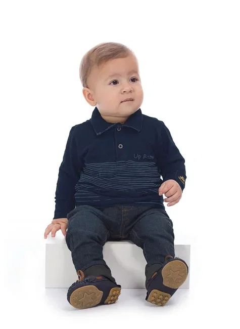 Polo De Manga Longa Para Bebê Menino Azul Marinho Up Baby