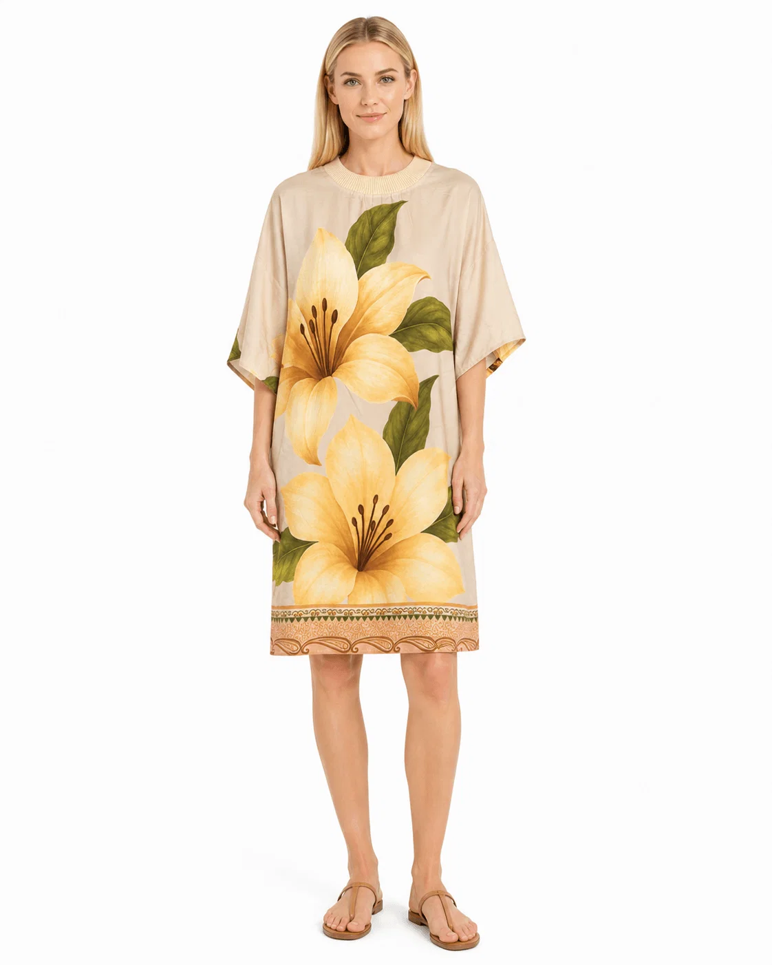 Vestido Curto Estampado Lírio Solar - Areia