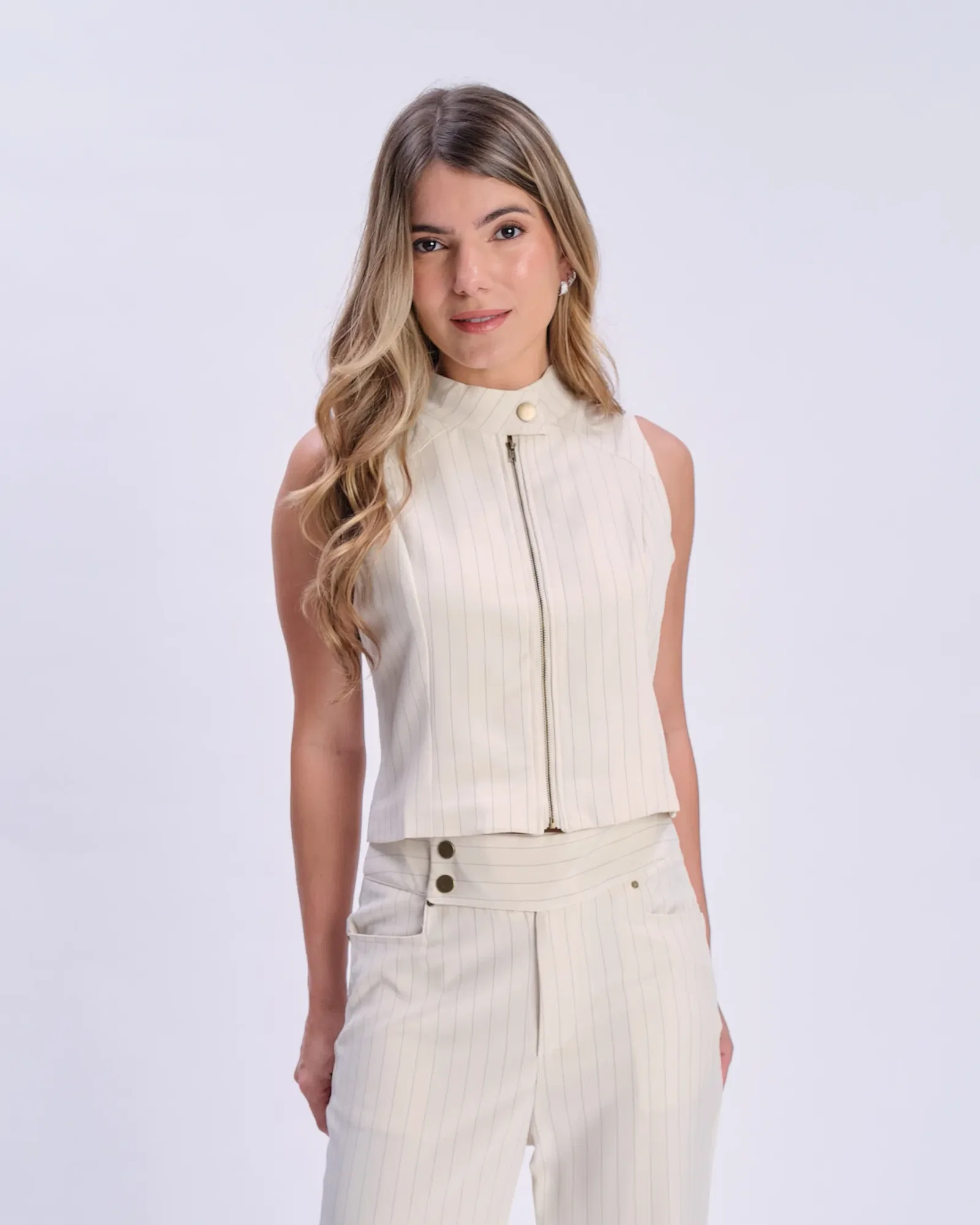 Blusa Com Zíper Listrada - Nude — imagem 1