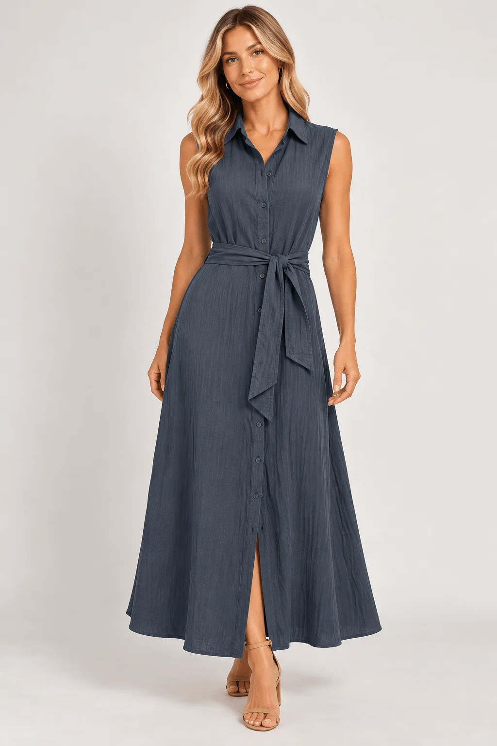 Vestido Midi Gola Botões - Azul