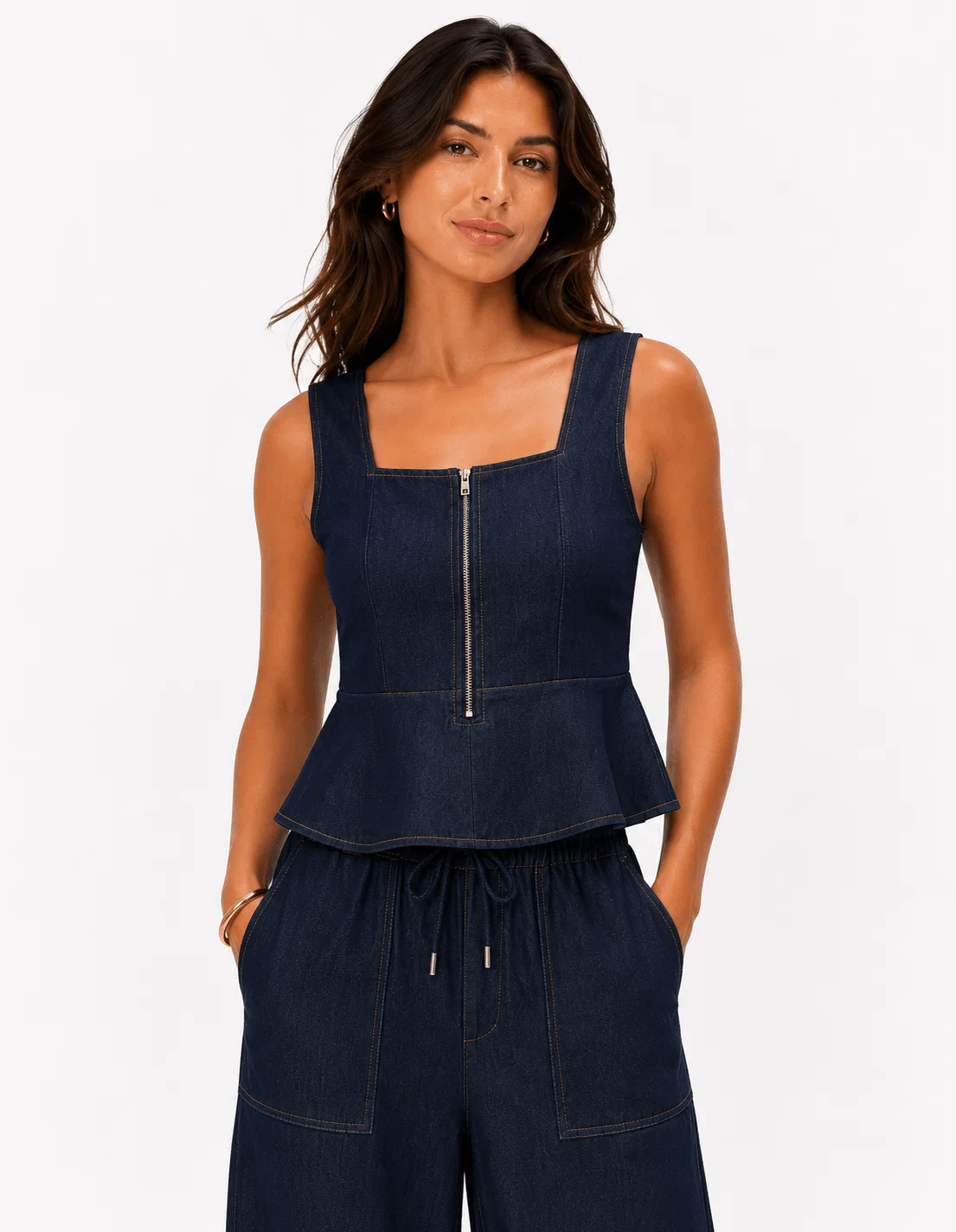 Blusa Peplum Ziper Frente - Denim Medio