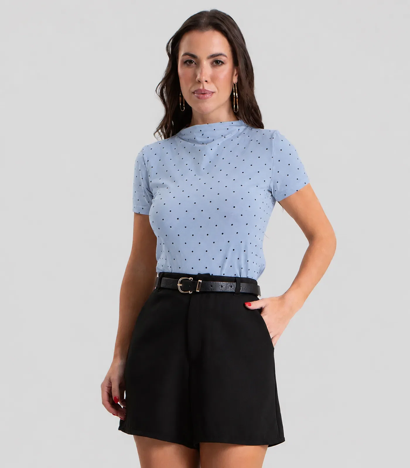 Blusa Feminina Gola Chaminé com Estampa Poá Dianna Azul