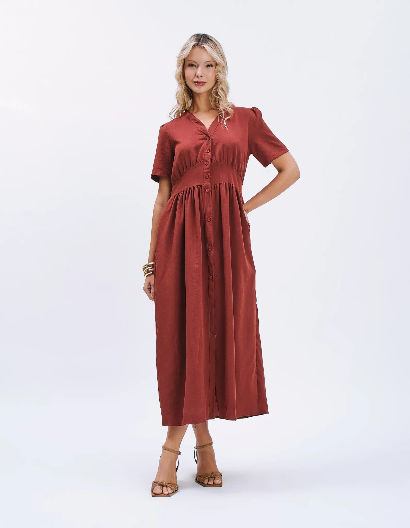 Vestido New Longo Cintura Franzida - Terracota