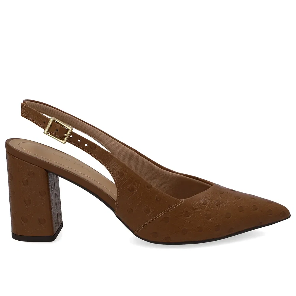 Slingback Salto Bloco Em Couro Marrom Texturizado Com Bico Fino — imagem 1