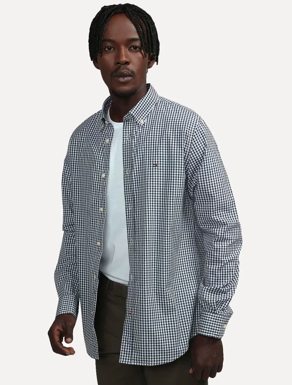 Camisa Tommy Hilfiger Masculina Xadrez Gingham Branca / Azul Marinho