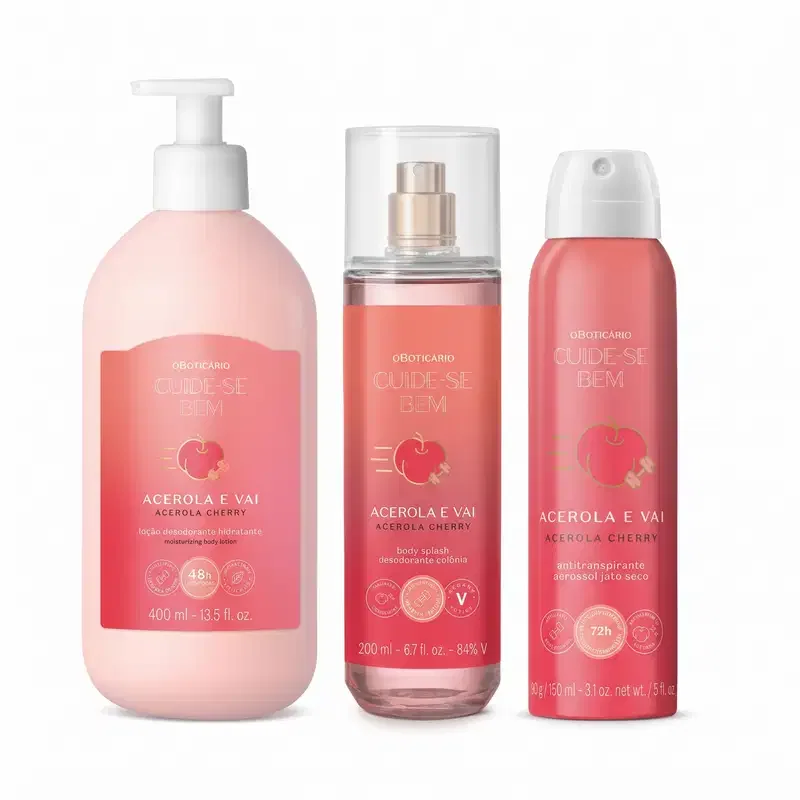 Combo Cuide-se bem Acerola e Vai: Loção Relaxante Corporal 400ml + Body Splash 200ml + Desodorante Antitranspirante Aerossol 150ml